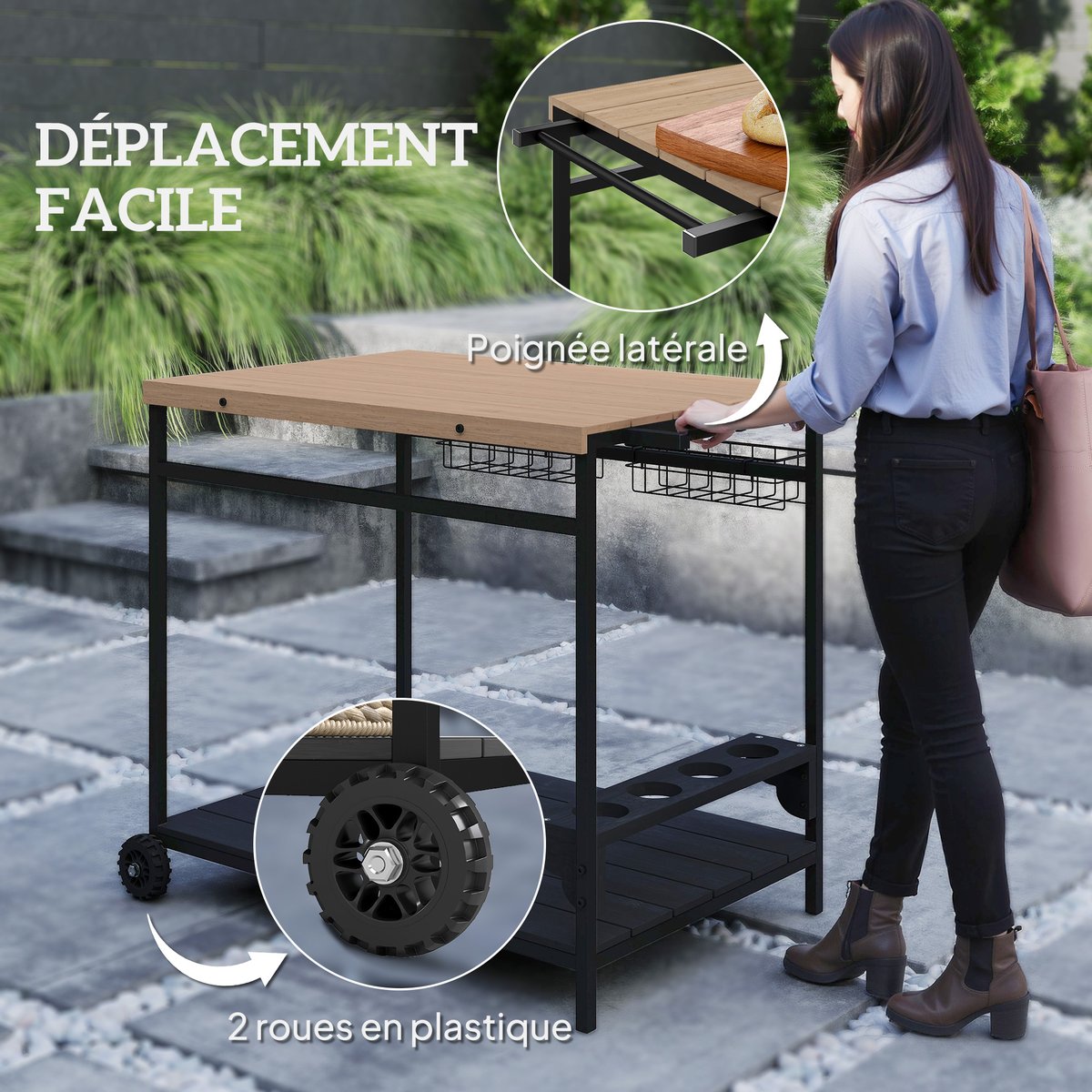 Chariot de service Acier Bois naturel beige, OUTSUNNY