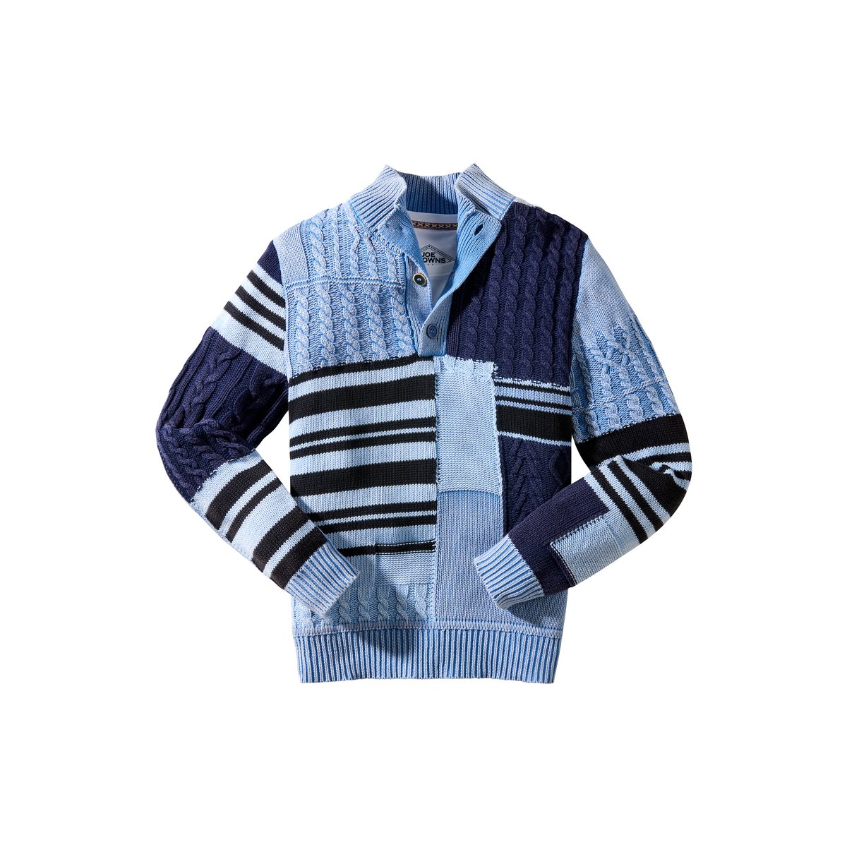 Pull à col montant en maille torsadée patchwork bleu, JOE BROWNS