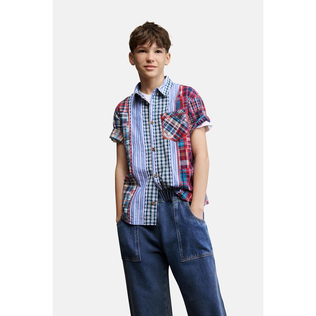 Chemise à carreaux patchwork bleu, DESIGUAL