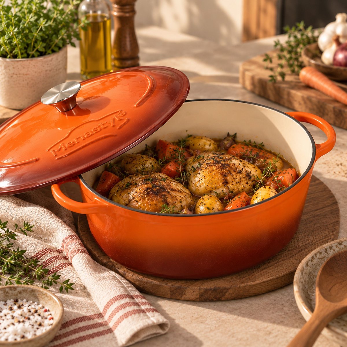 Cocotte ovale 4L en fonte émaillé, MONTAGNE marron-orange, MENASTYL