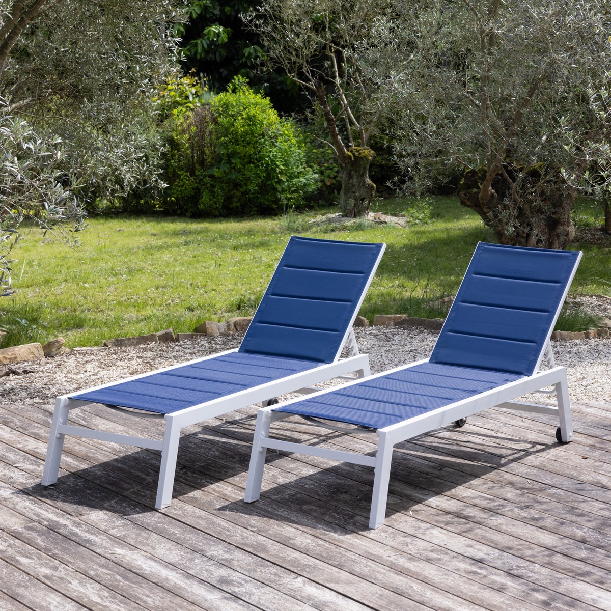 Bains de soleil textilène, lot de 2, BARBADOS bleu, blanc, HAPPY GARDEN