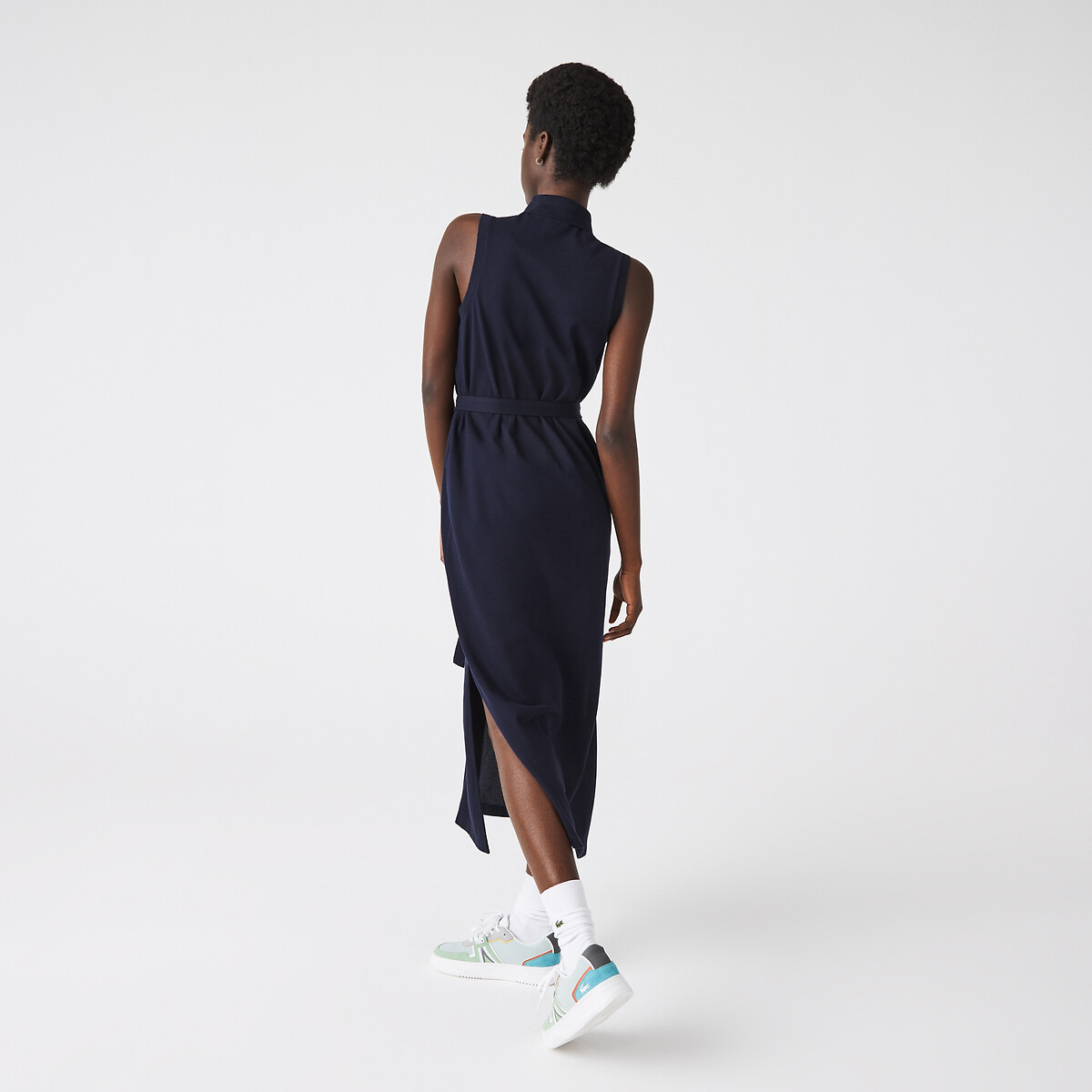 Vestido polo sin mangas de punto piqué de algodón azul marino, LACOSTE
