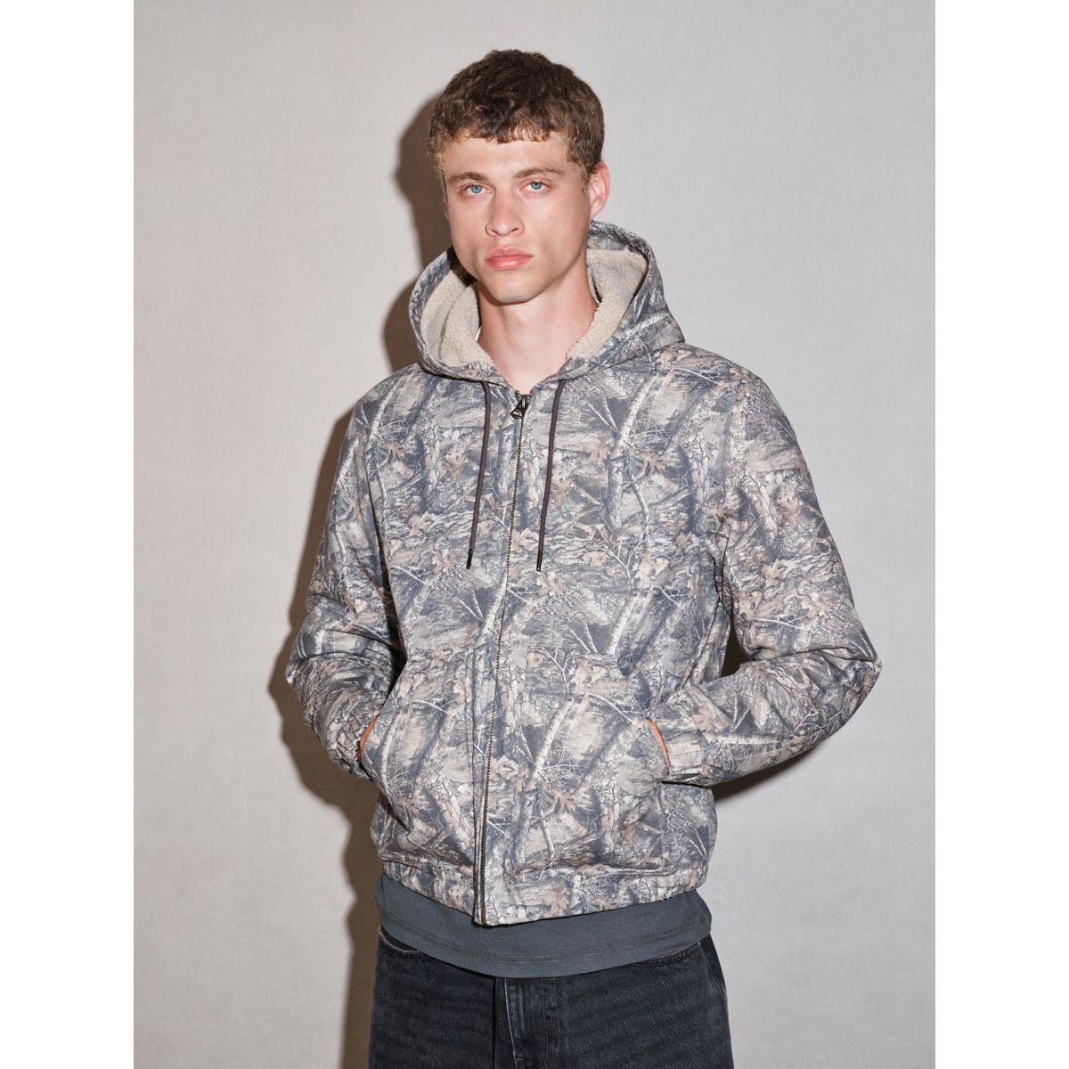 Veste à capuche en toile et peau lainée kaki realtree, NEXT