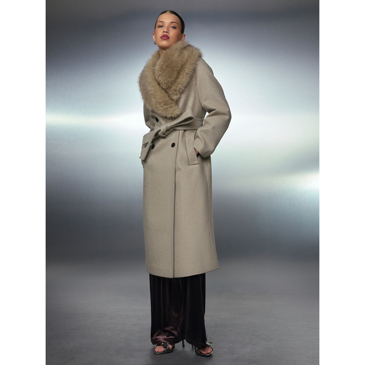 Manteau avec col amovible et ceinture grège, NEXT