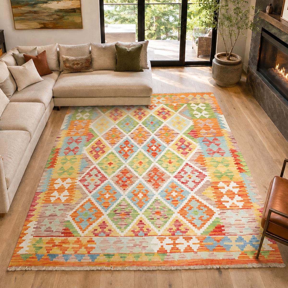 Tapis kilim géométrique, tissé plat en laine, KILIM 46 multicolore, orange, vert, UN AMOUR DE TAPIS