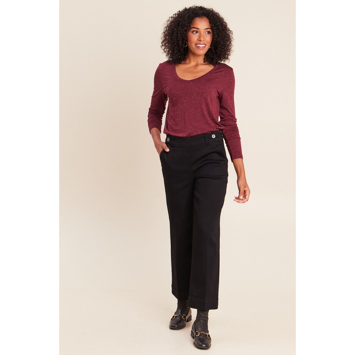 T-shirt ajusté col v manches longues bordeaux, BREAL