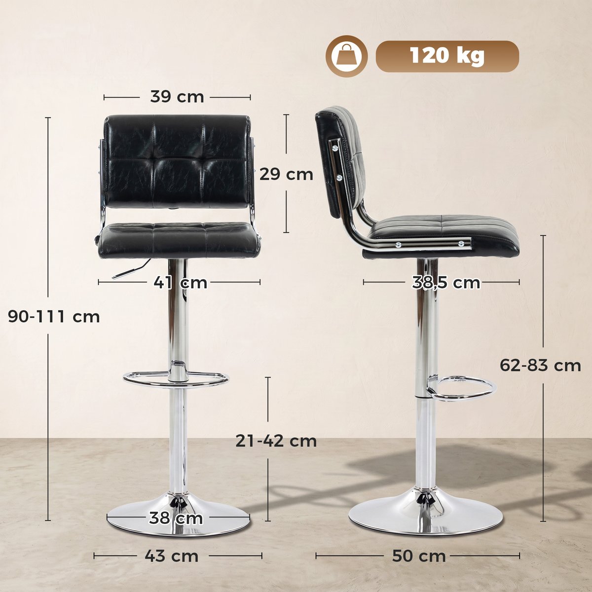 Tabouret de bar PU Noir noir, argenté, HOMCOM