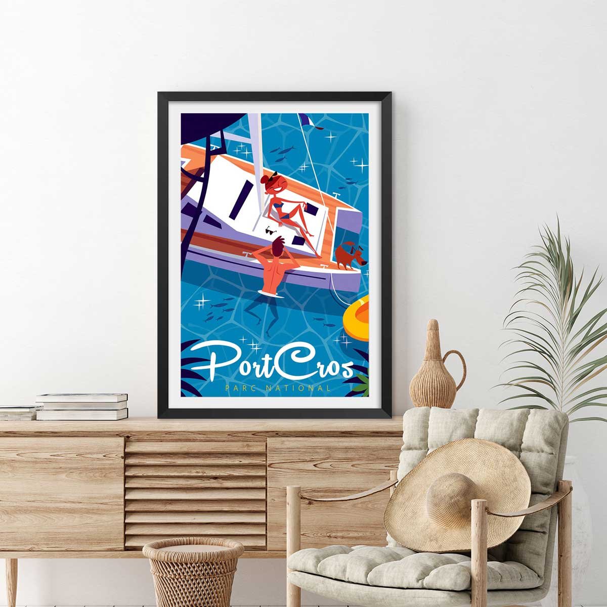 Poster de baignade à port cros affiche + cadre en bois - noir, HEXOA