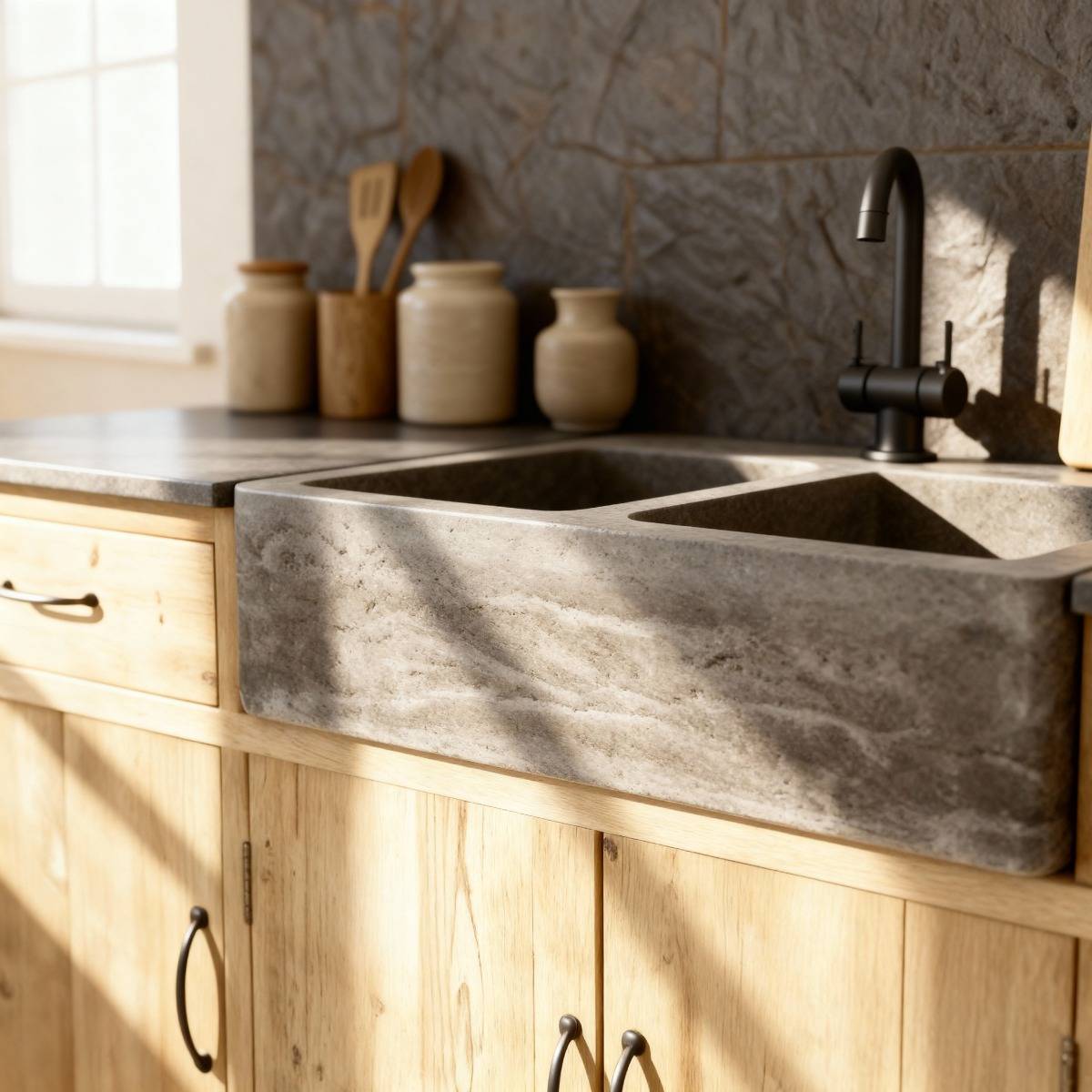 Meuble bas de cuisine en bois recyclé ROMAIN bois clair, MADE IN MEUBLES