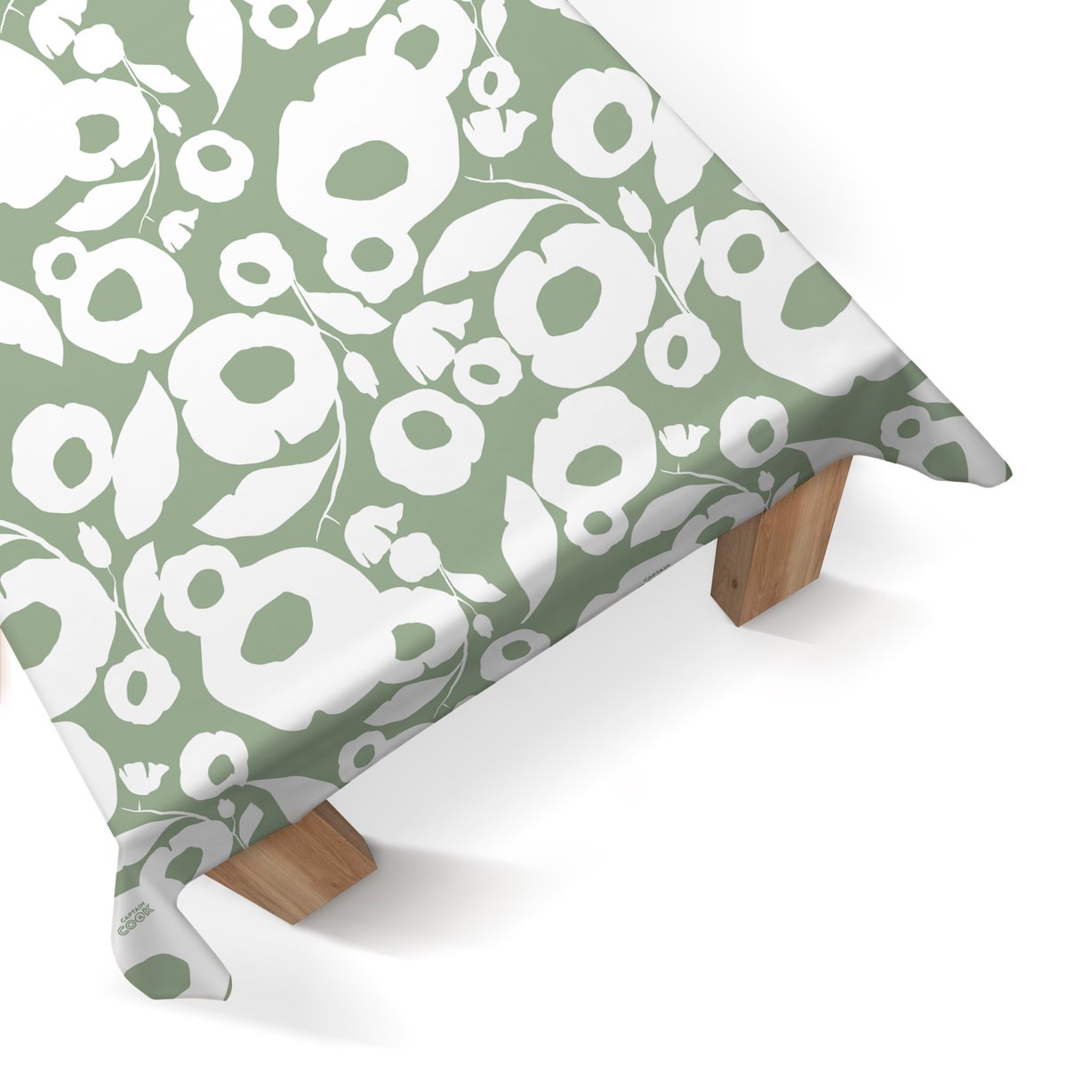 Nappe de table rectangulaire extra longue Fleurs stylisées de printemps vert sauge, blanc, ART FOR THE HOME