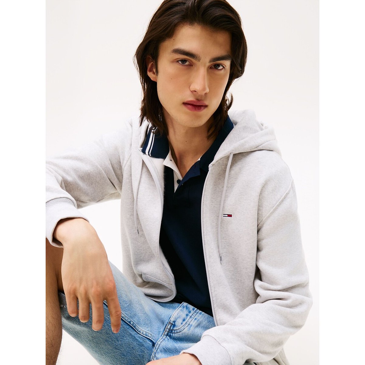 Sweat à capuche zippé en molleton brossé gris clair, TOMMY JEANS
