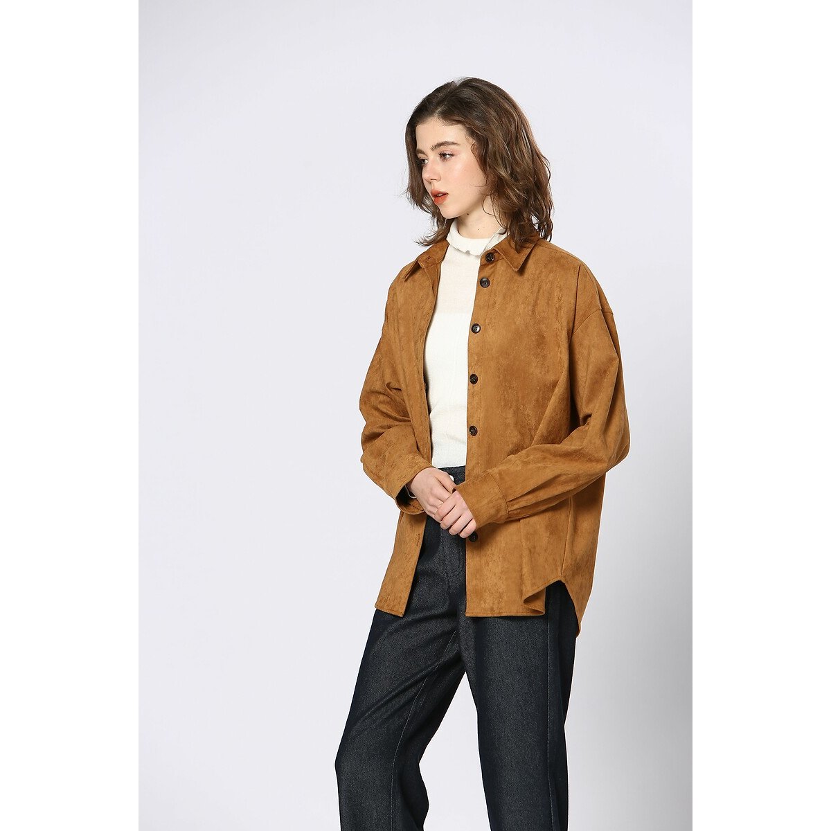 Faux Suede Shacket with Button Fastening camel, SEE U SOON