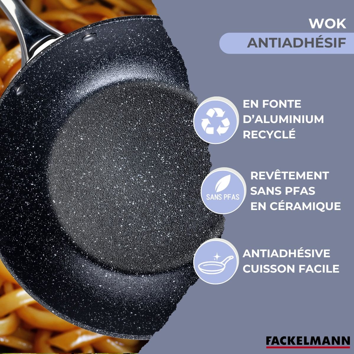 Wok 28 cm fonte aluminium revêtement antiadhésif céramique gris,noir, FACKELMANN