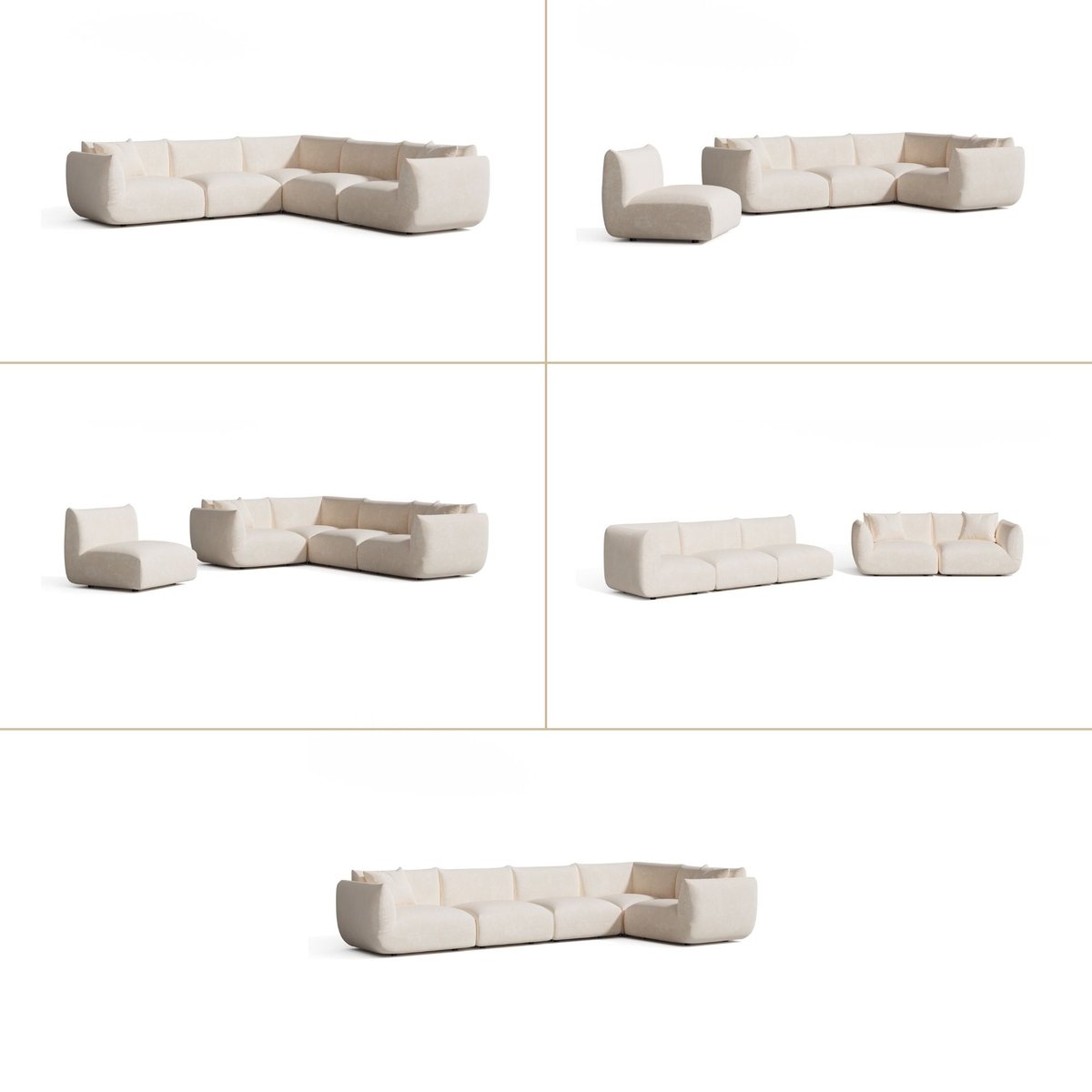 Canapé d'angle panoramique modulable 7 places en velours chenillé NOOMA crème, SIA HOME