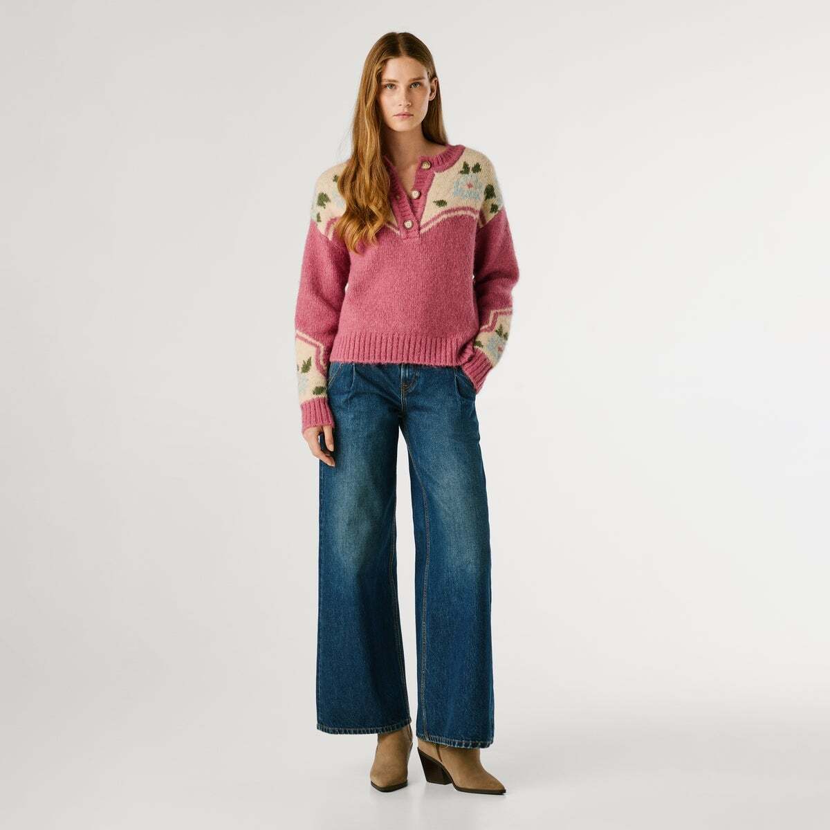 Pull À Col Rond Avec Fleurs rose ardoise, PEPE JEANS