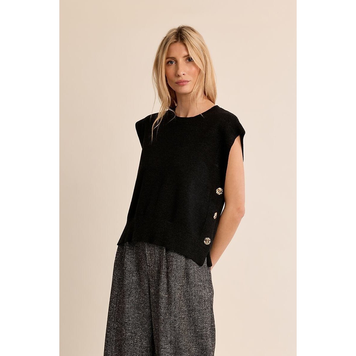 Pull girocollo senza maniche, dettagli bottoni antracite, MOLLY BRACKEN