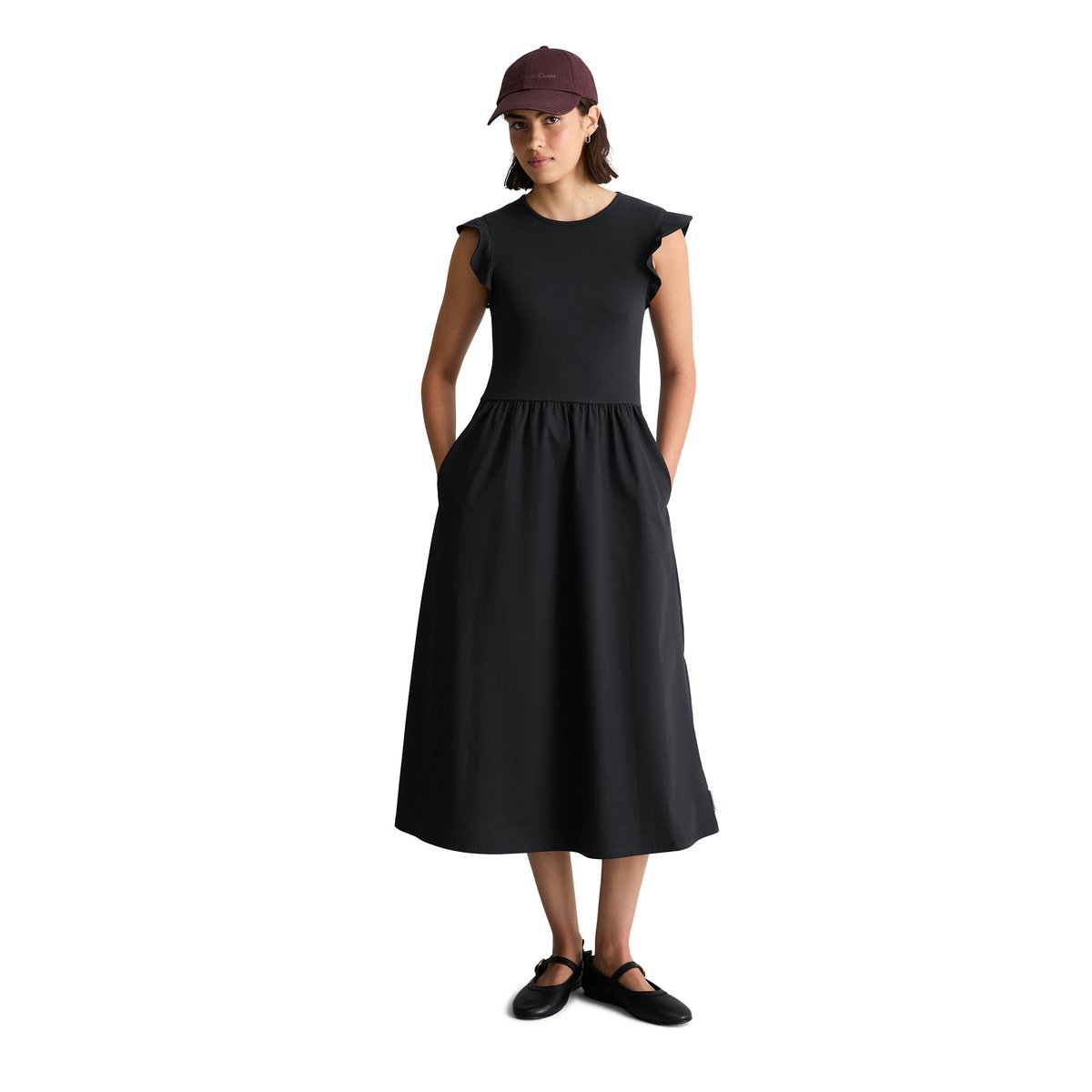Robe en jersey à volants flared avec jupe en popeline de coton bleu foncé, MARC O’POLO DENIM