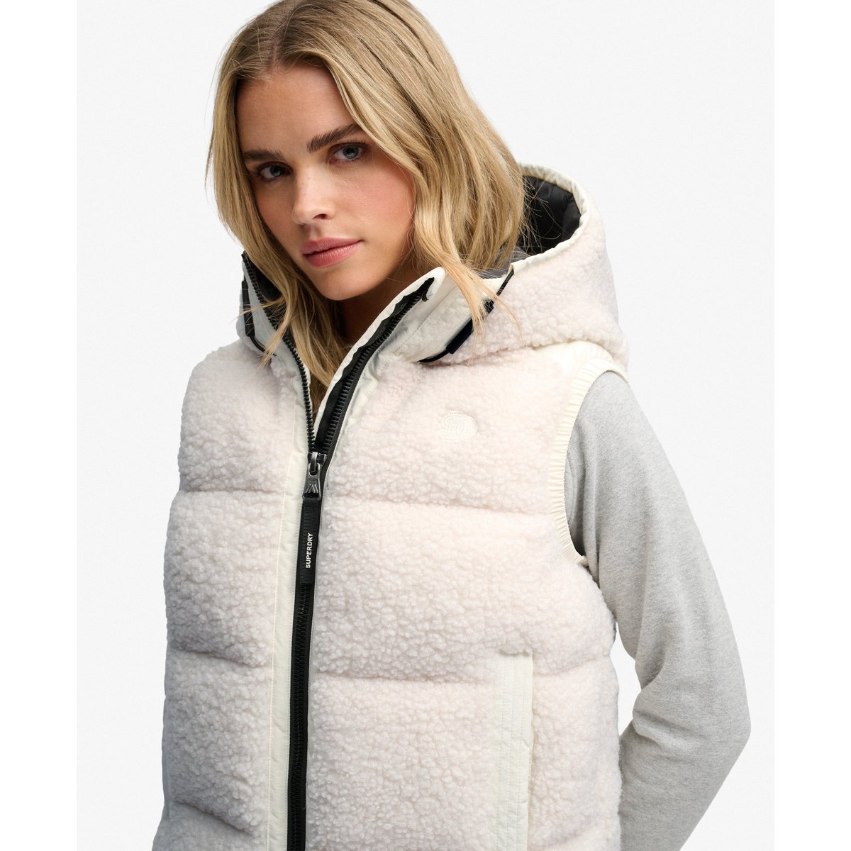 Gilet Matelassé à Capuche Borg blanc craie, SUPERDRY