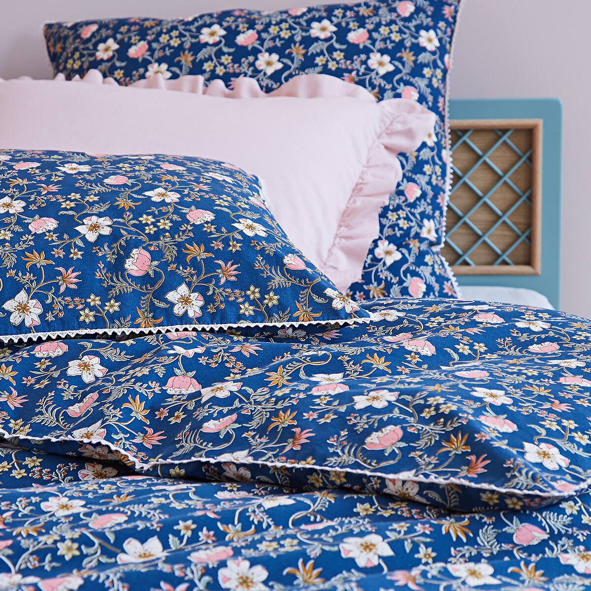 Housse de couette 30% coton recyclé, Jasmine imprimé fond bleu, LA REDOUTE INTERIEURS