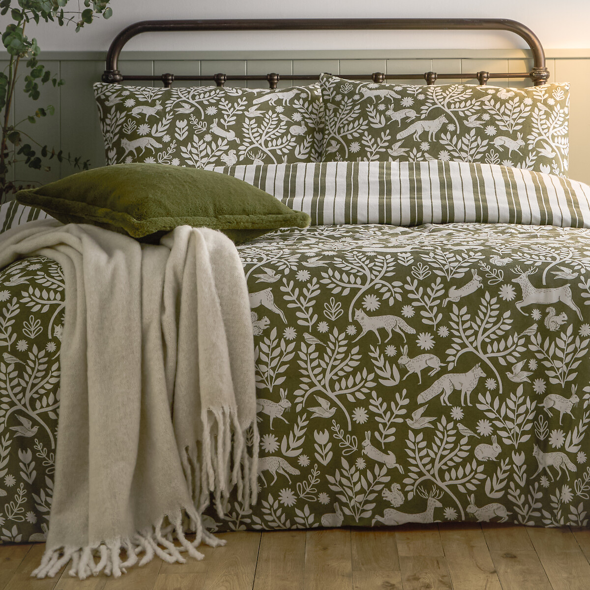 Skandi Woodland Brushed Cotton Duvet Cover and Pillowcase Set thyme, FURN.