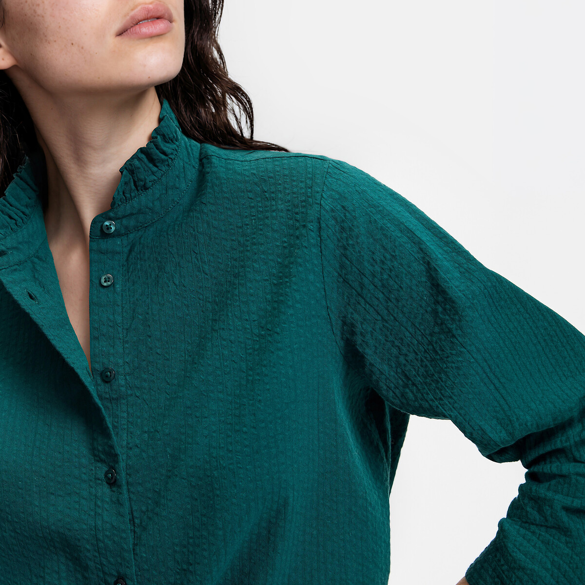Chemise à col volanté manches longues en coton seersucker vert foncé, LA REDOUTE COLLECTIONS