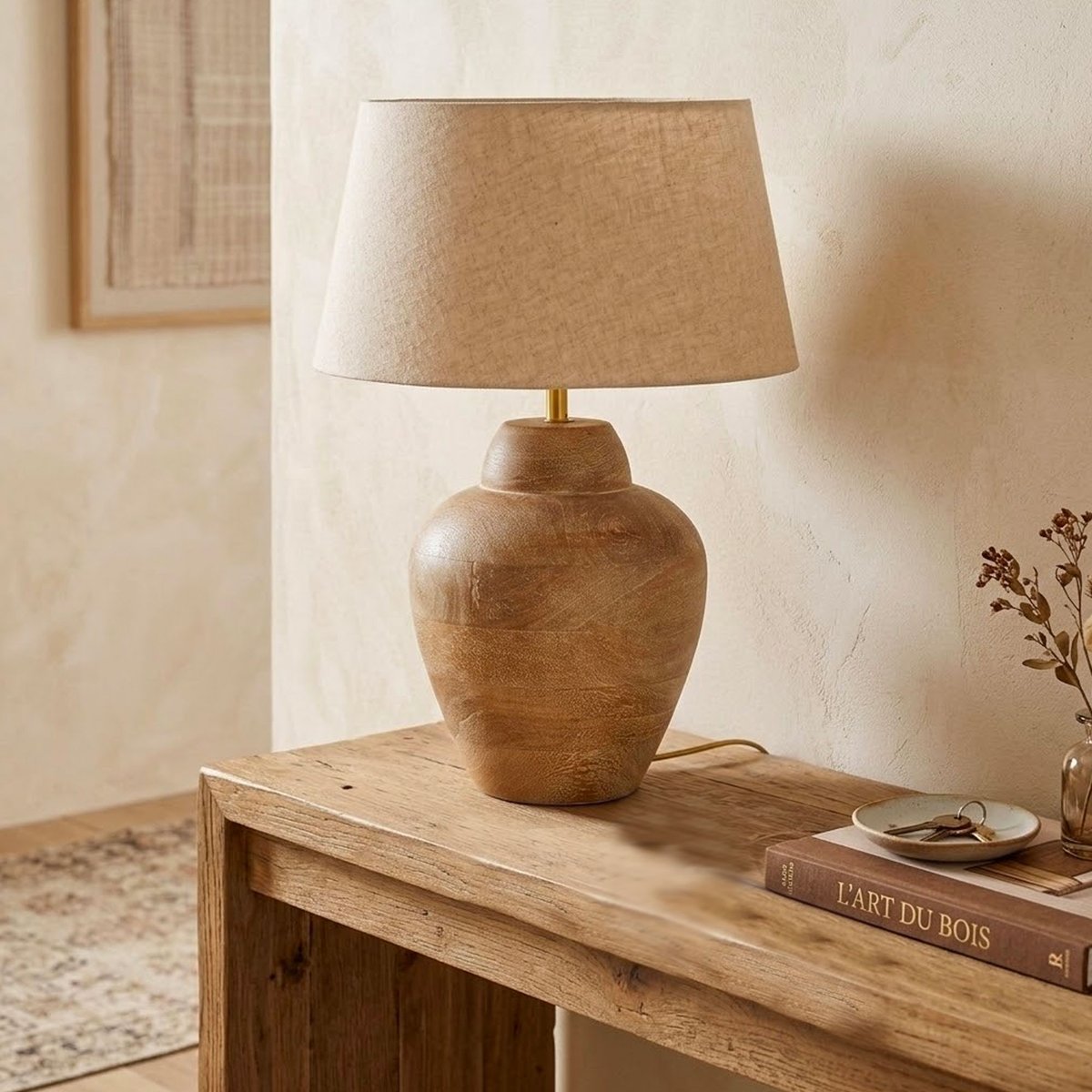 Lampe à poser bois de manguier et abat-jour coton beige 34.5x34.5x45cm bois, WADIGA