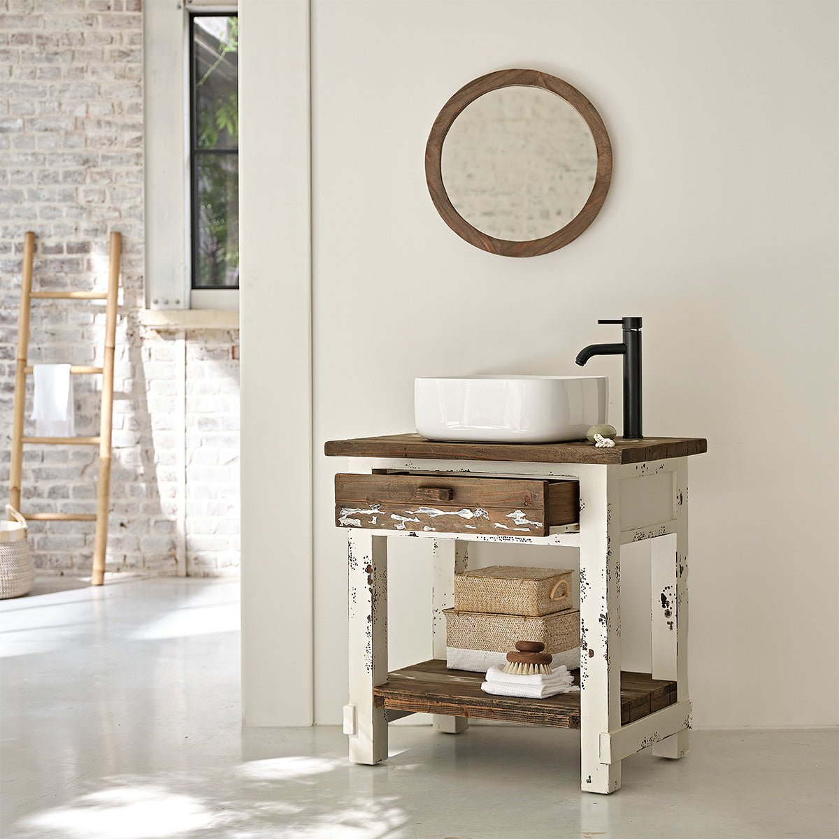Meuble de salle de bain en bois recyclé 80 cm SEZANNE blanc, BERAH GETAH