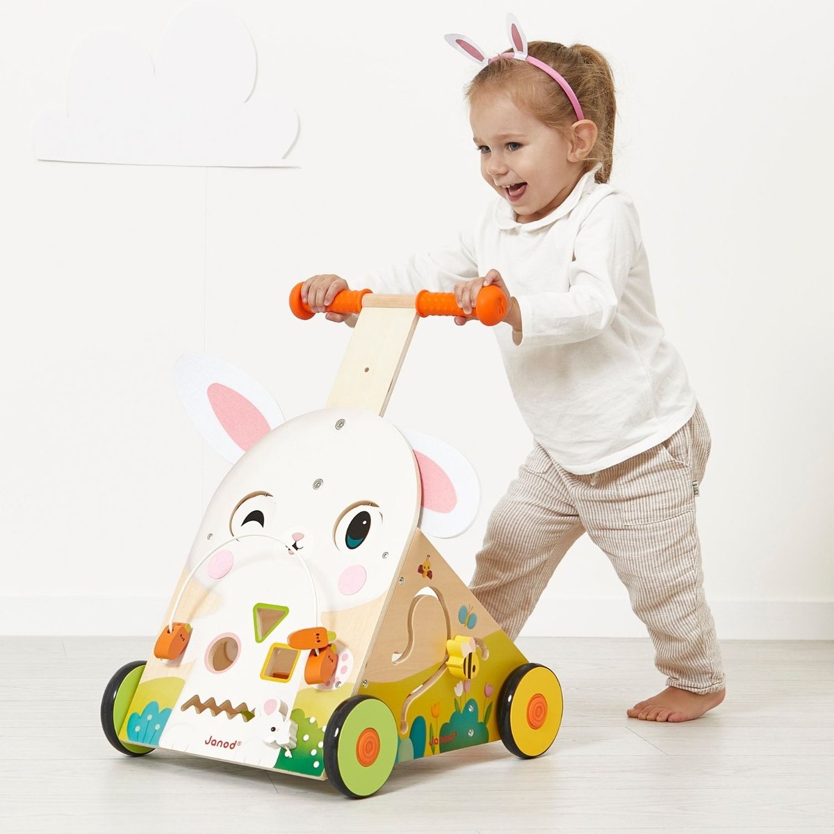 Chariot de marche multi-activités blanc, rose, vert, JANOD
