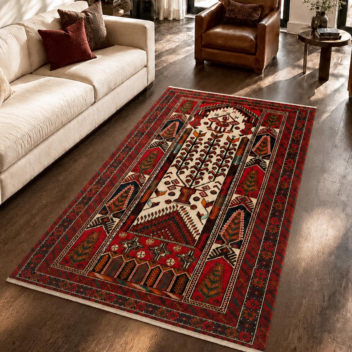 Tapis d'orient oriental, noué main en laine, BALUTSCH 1 rouge, crème, noir, UN AMOUR DE TAPIS