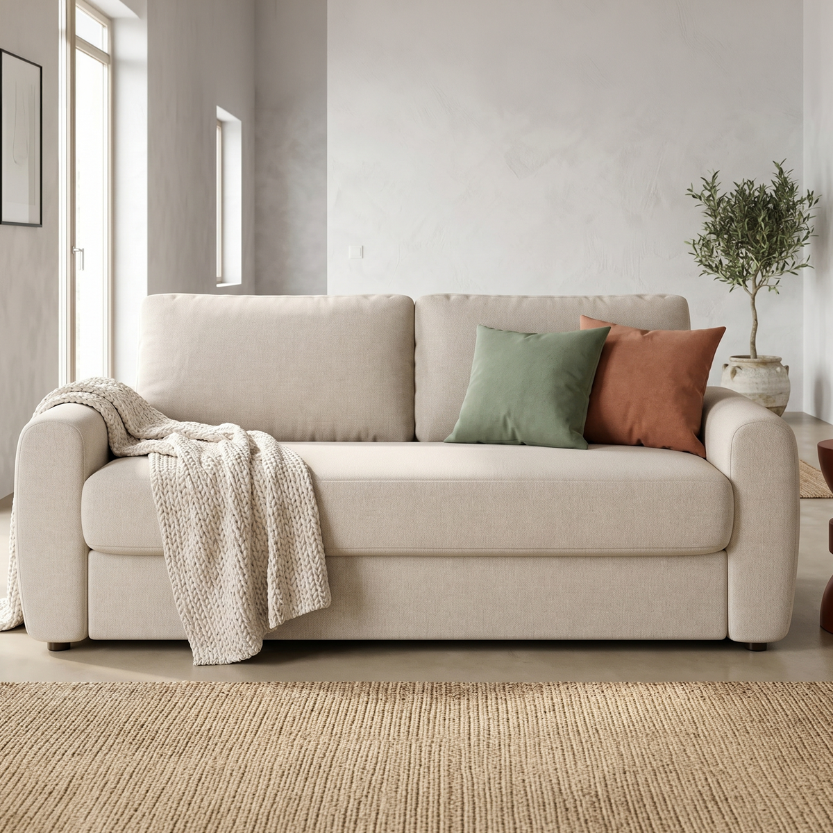 Canapé droit convertible 3 places en tissu chenille - ouverture express - SALVIA beige, HOMIFAB