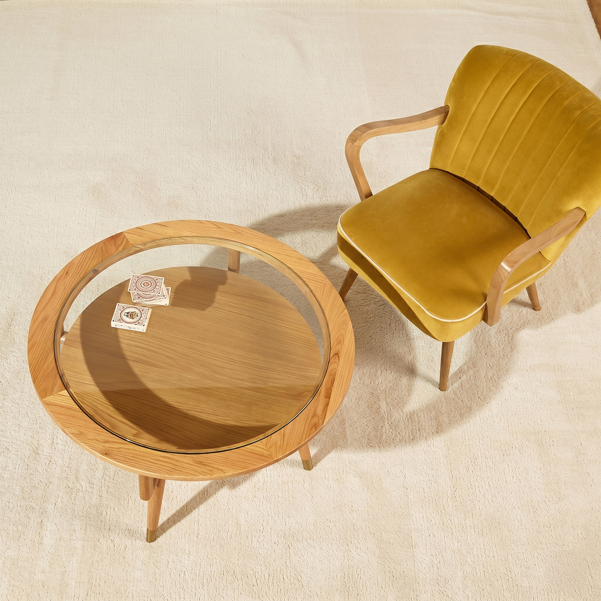 Table basse ronde style contemporain en chêne et verre trempé MANHATTAN beige, ROBIN DES BOIS