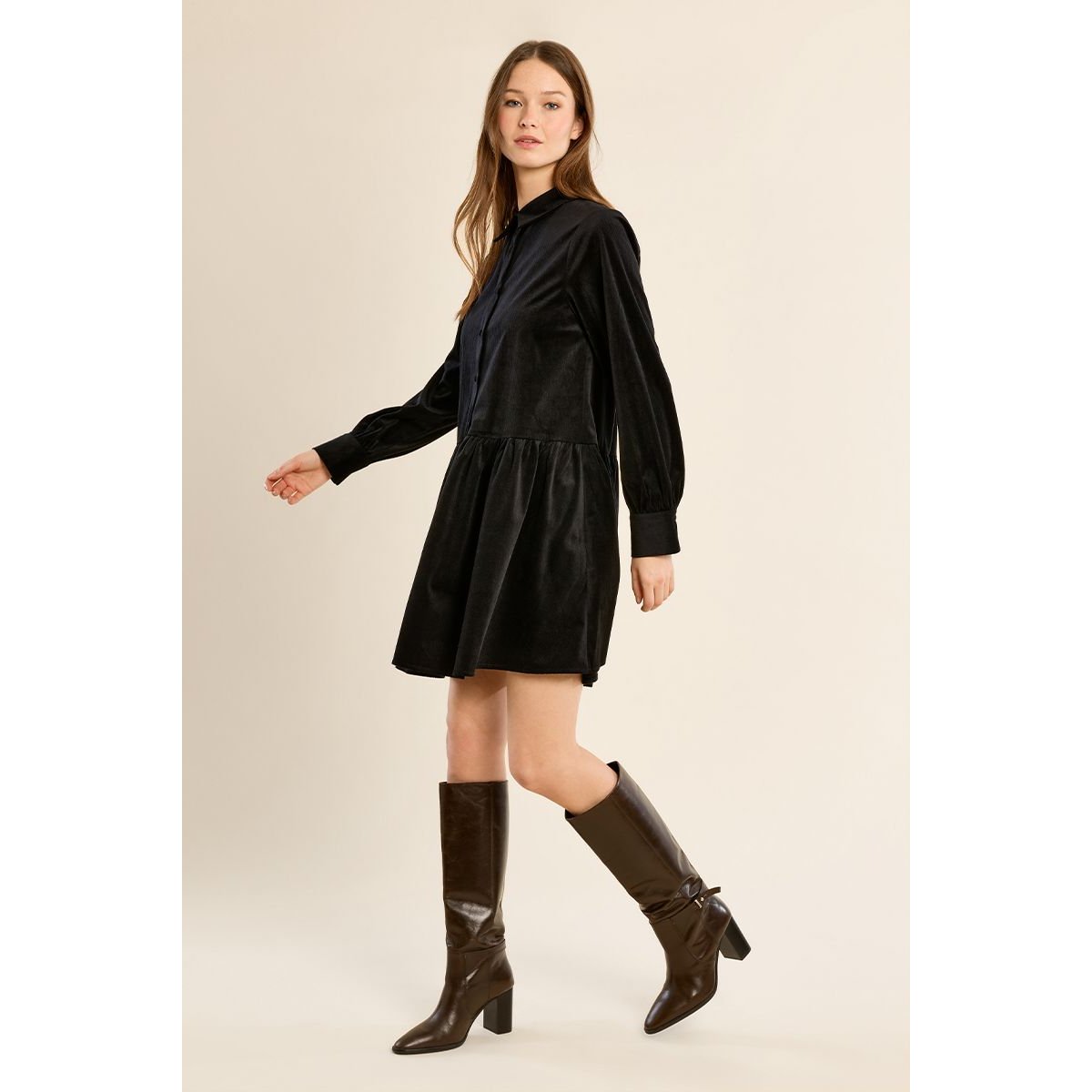 Robe chemise courte volantée noir, MOLLY BRACKEN