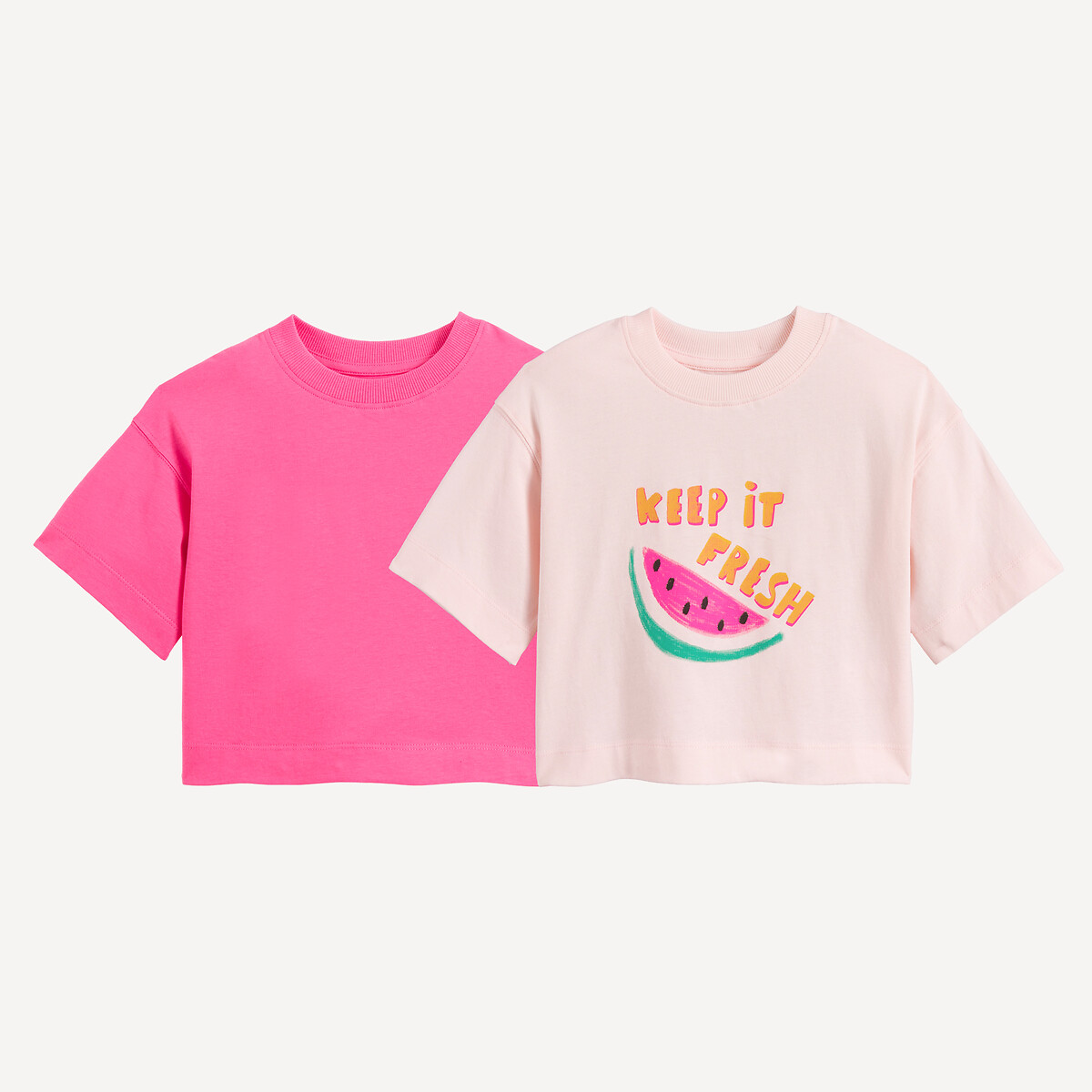 Lot de 2 T-shirts, à manches courtes et col rond rose, LA REDOUTE COLLECTIONS