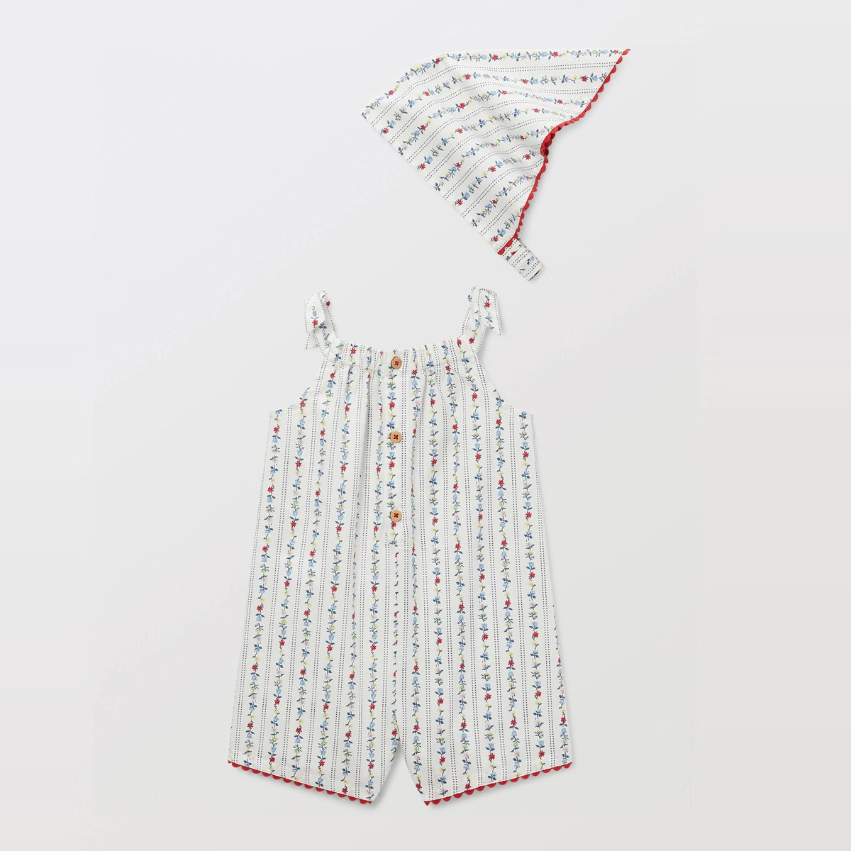 Salopette courte avec fichu imprimés en coton ecru, BOUT'CHOU