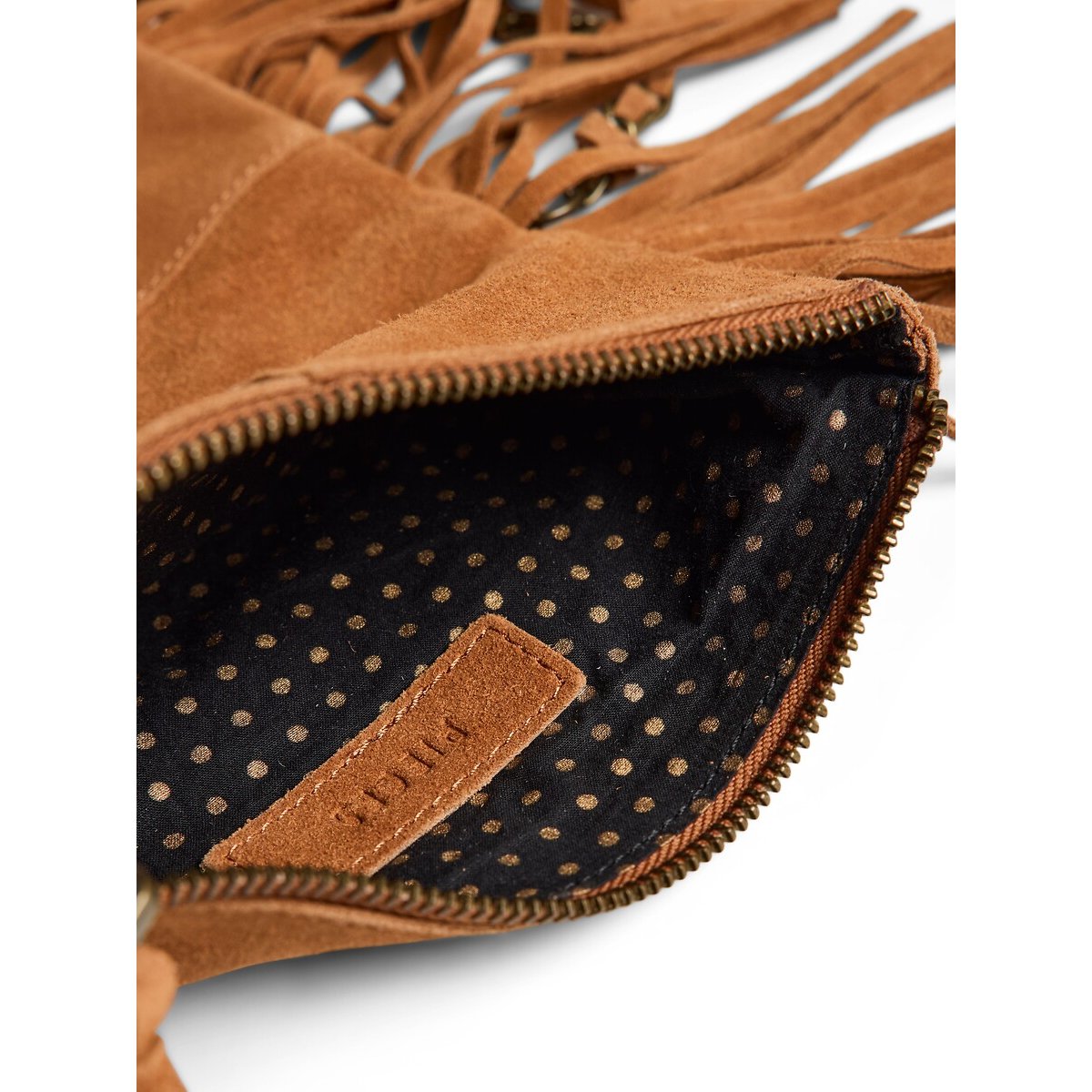 Sac à main à franges, en cuir suédé, Aurora cognac, PIECES