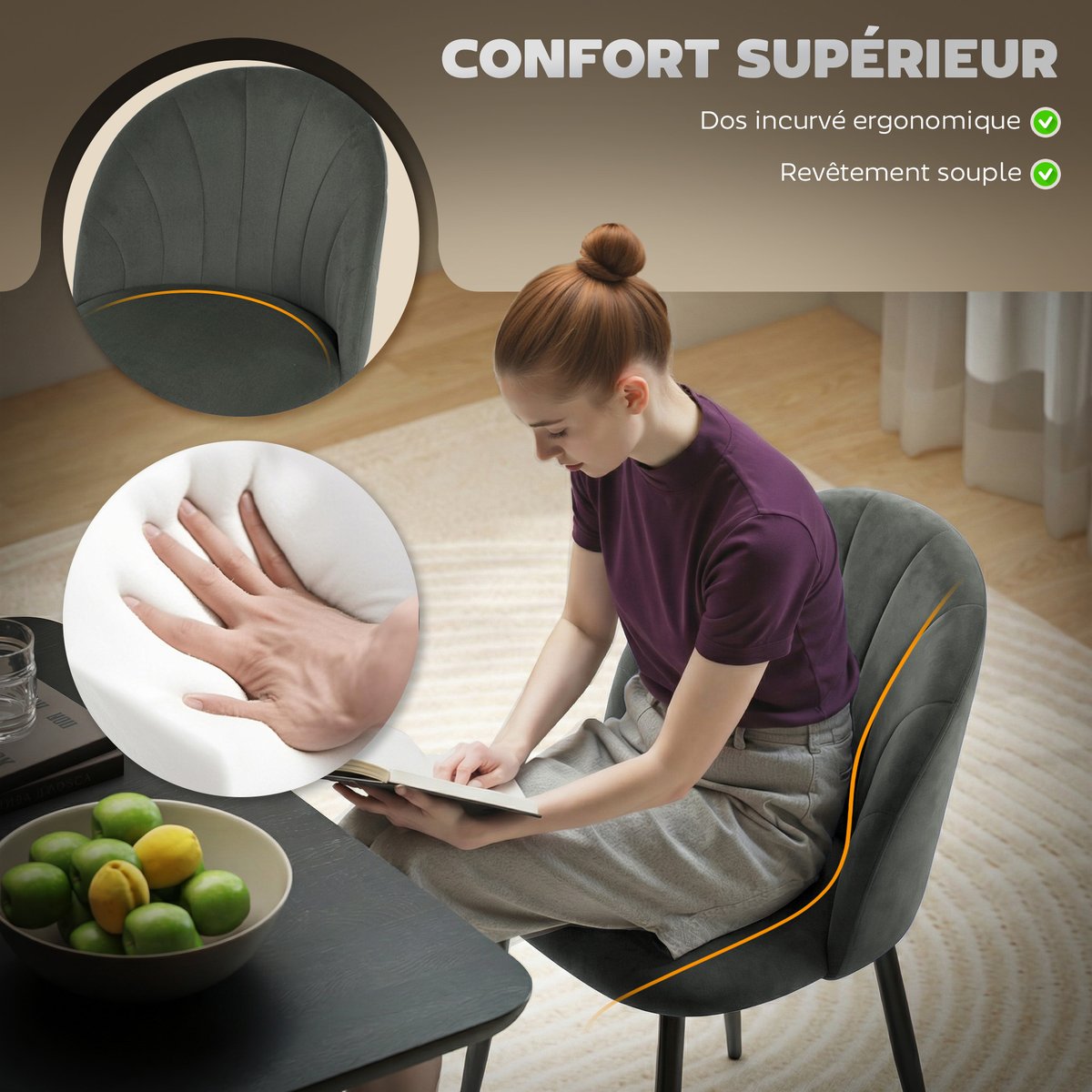 Chaise de salle à manger Velours (100 % gris et noir, HOMCOM