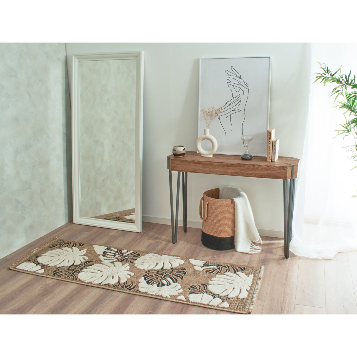 Tapis intérieur extérieur à motif feuille TULUM noir, NAZAR RUGS