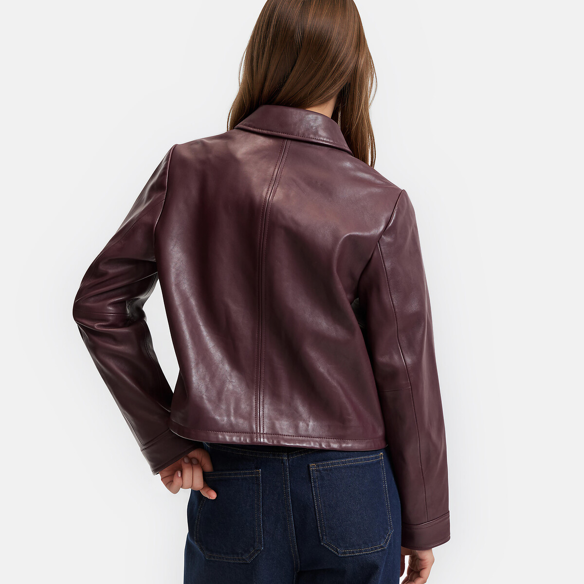 Veste courte boutonnée en cuir, Signature ABELLE rouge bordeaux, LA REDOUTE COLLECTIONS