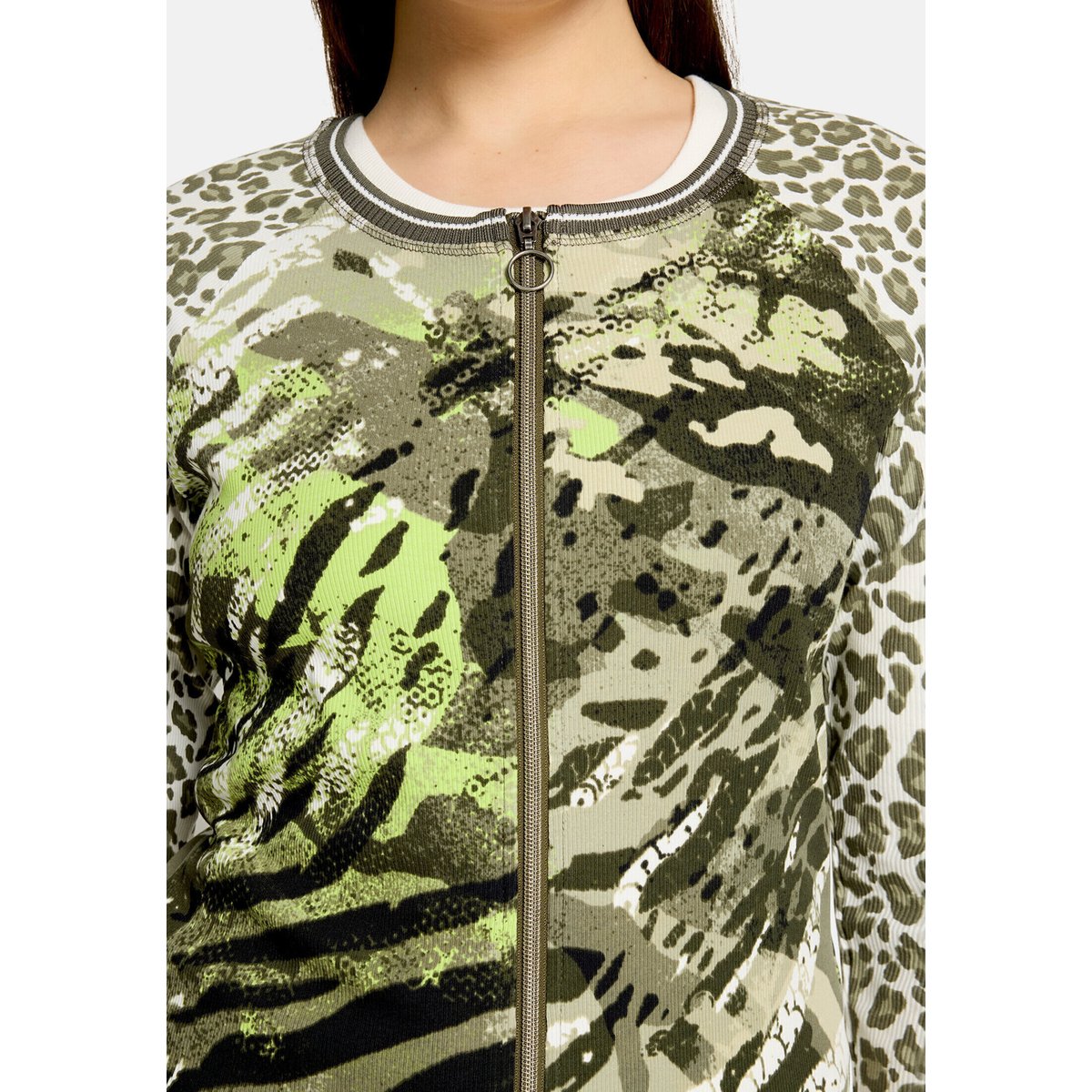 Cardigan façon t-shirt de texture côtelée khaki/cream, BETTY BARCLAY