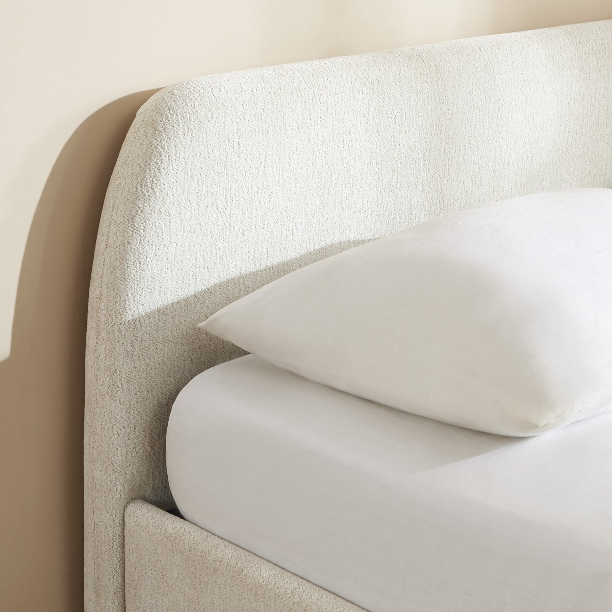 Lit coffre tissu chenille avec sommier GELA ecru, BAÏTA