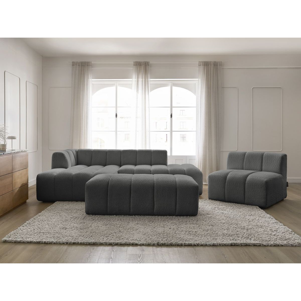 Canapé modulable 5 places en tissu bouclette, ANNECY gris foncé, BOBOCHIC