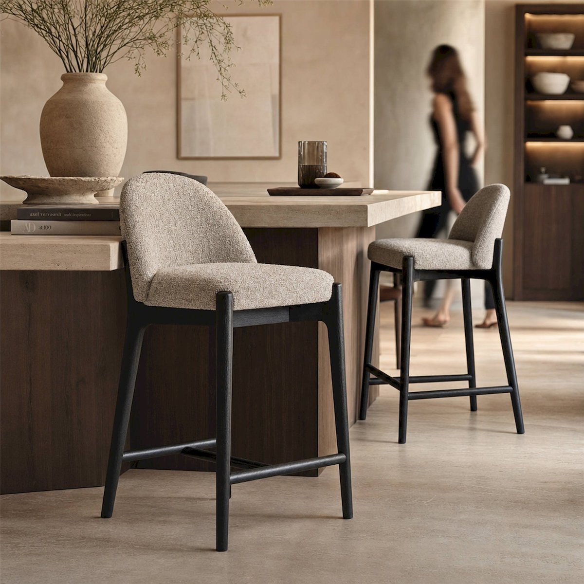 Tabouret de bar contemporain beige et noir, RECOLLECTION