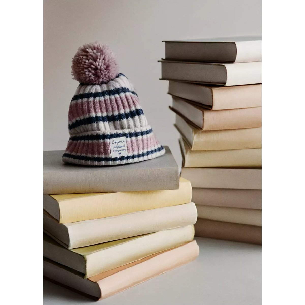 Bonnet en maille à rayures rose pâle, MANGO BABY