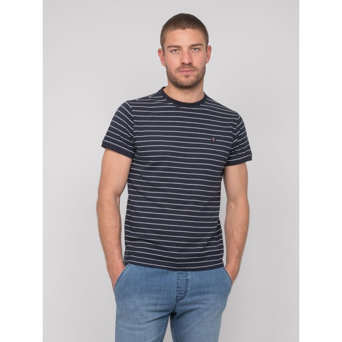 T-shirt Coton Fines Rayures Marinière Nanoroul bleu marine, RITCHIE
