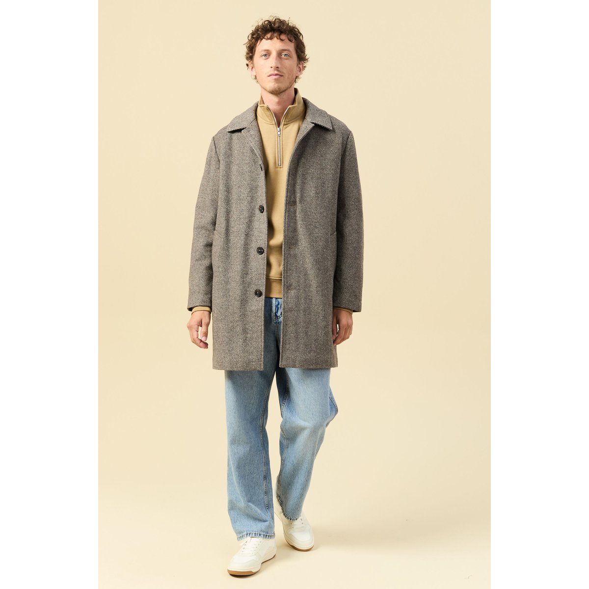 Manteau droit long col classique beige, BONOBO