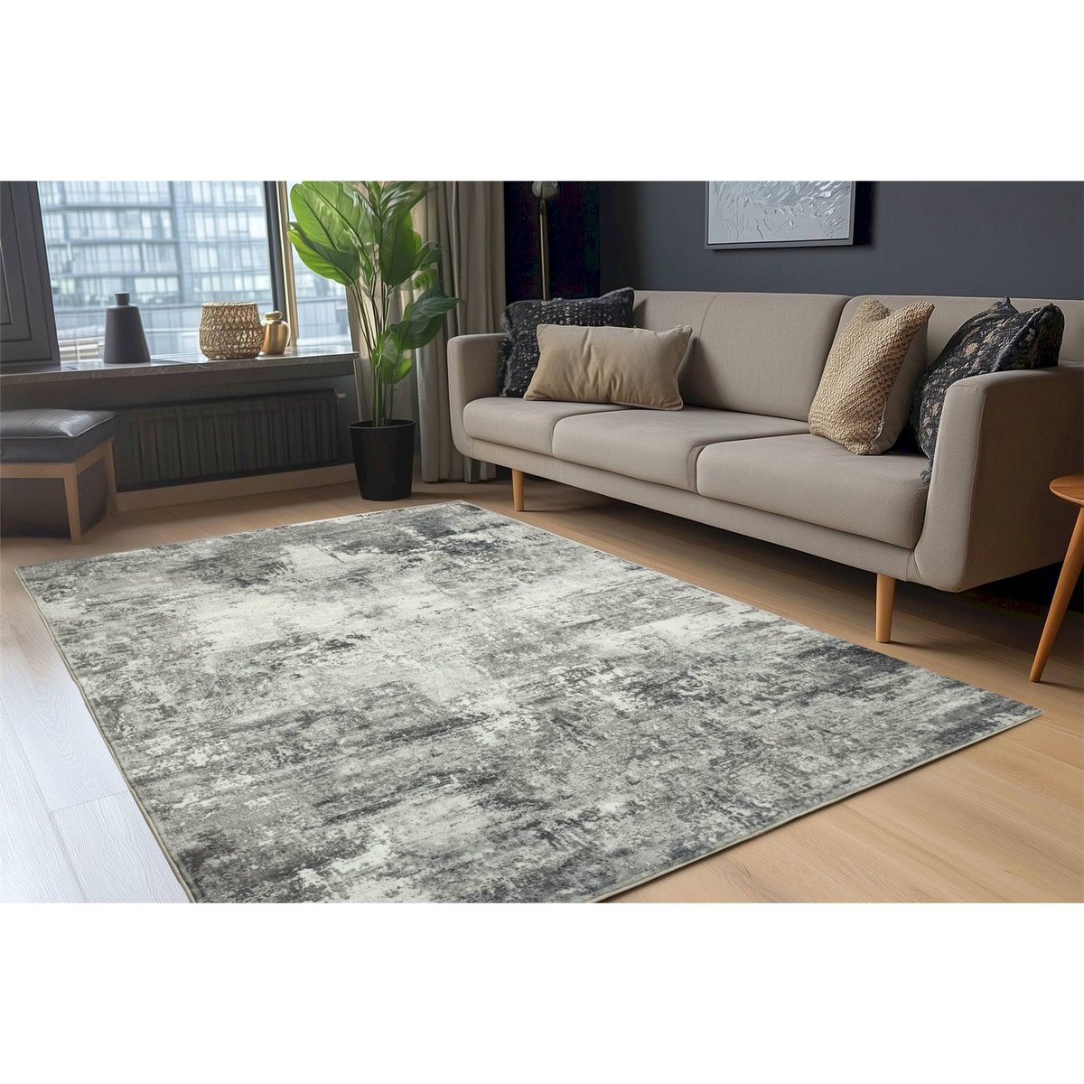 Tapis rectangulaire à poil court gris clair effet béton patiné, ARTE ESPINA