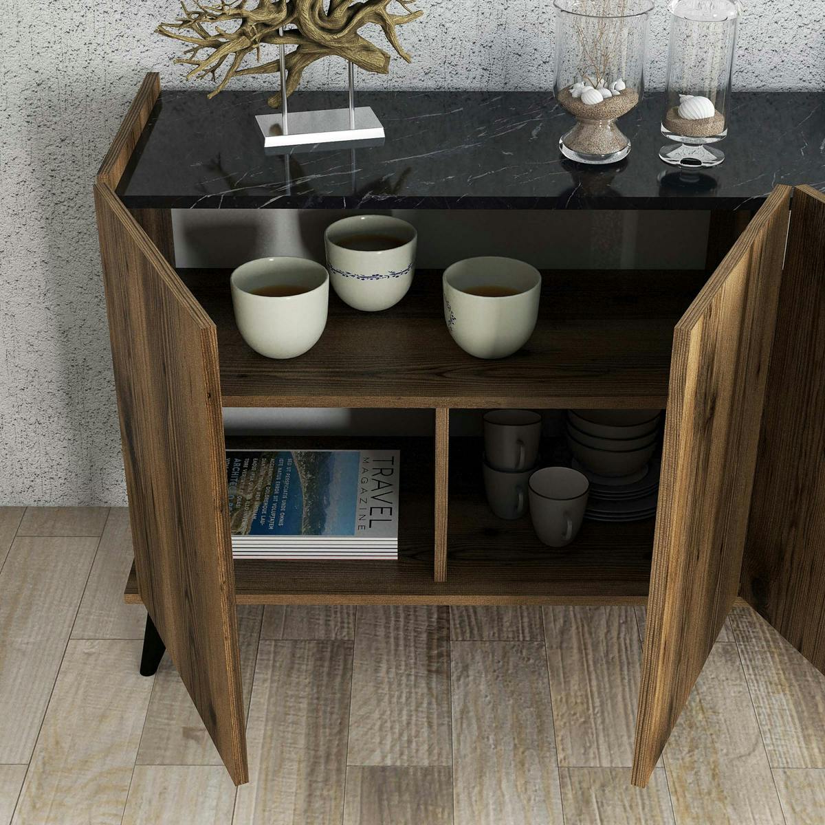 Buffet 4 portes à rebord haut UMEA noyer / marbre, PIER IMPORT
