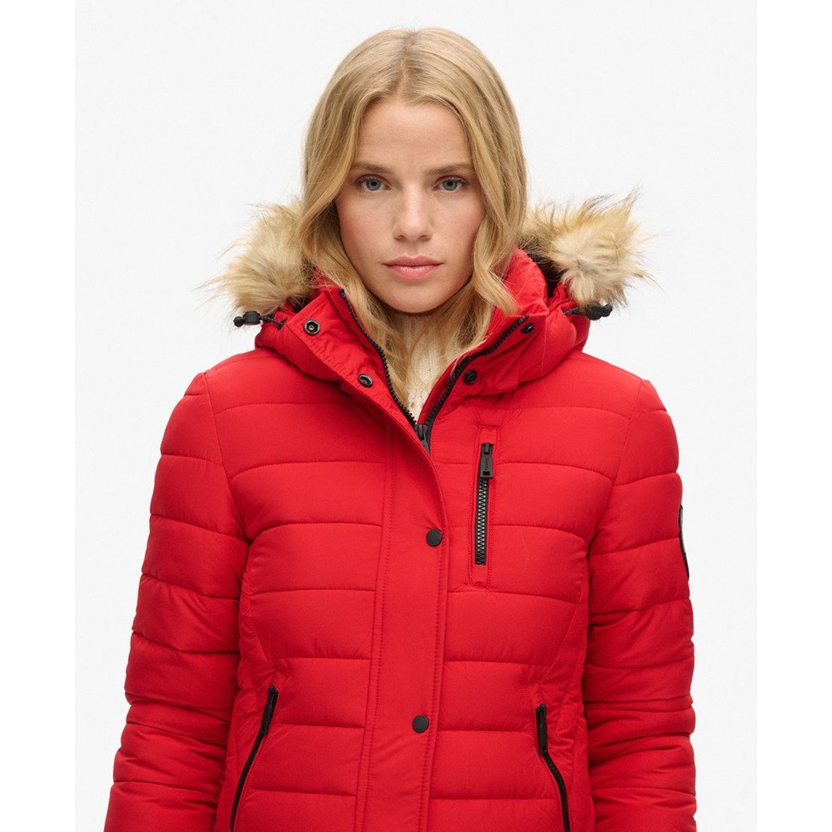 Doudoune longue à capuche Fuji rouge universitaire, SUPERDRY