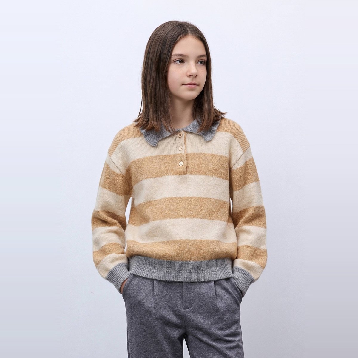 Pull rayé col chemise contenant de la laine osier, MONOPRIX