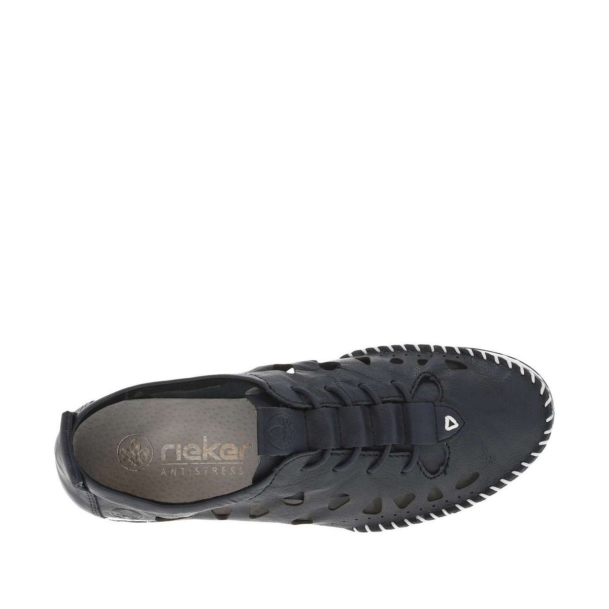Sneakers en cuir bleues marine ajourées à semelle plate et à fermeture slip-on marine, RIEKER